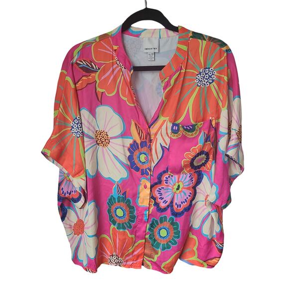Industry V-Neck Short Sleeve Button-Down Bright Multicolored Floral Shirt XL - Picture 1 of 7